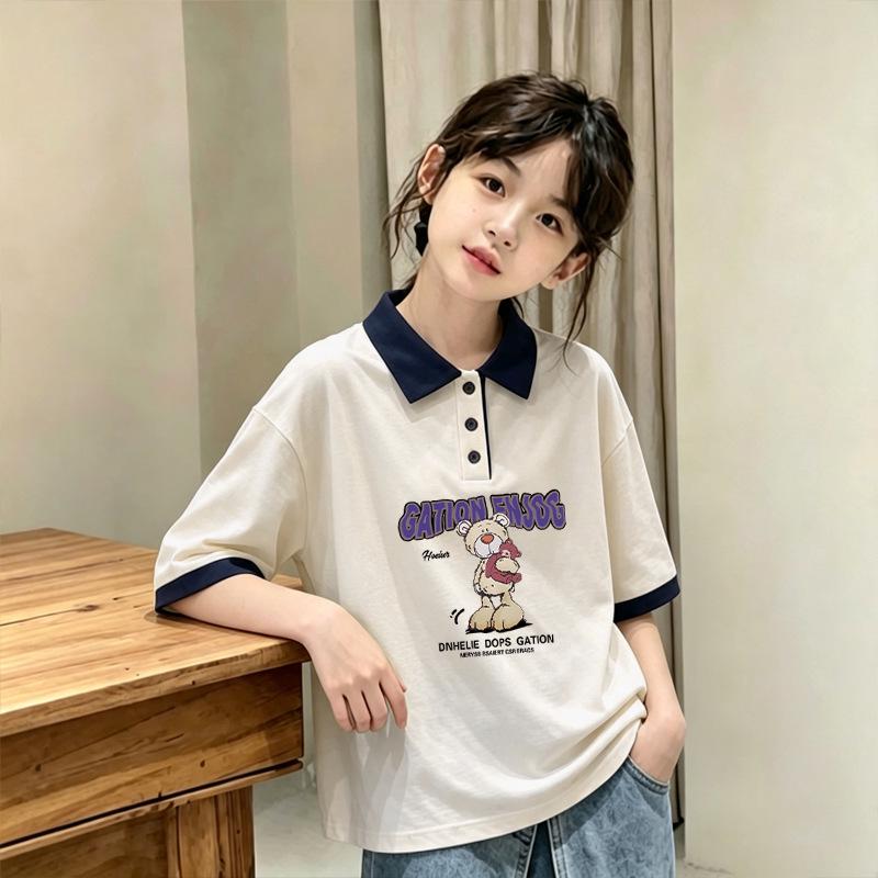 Girls' Cotton Color Block Short Sleeve Polo Shirt, Summer 2026 New Style, Medium/Large Kids' Loose Lapel T-shirt, Trendy.
