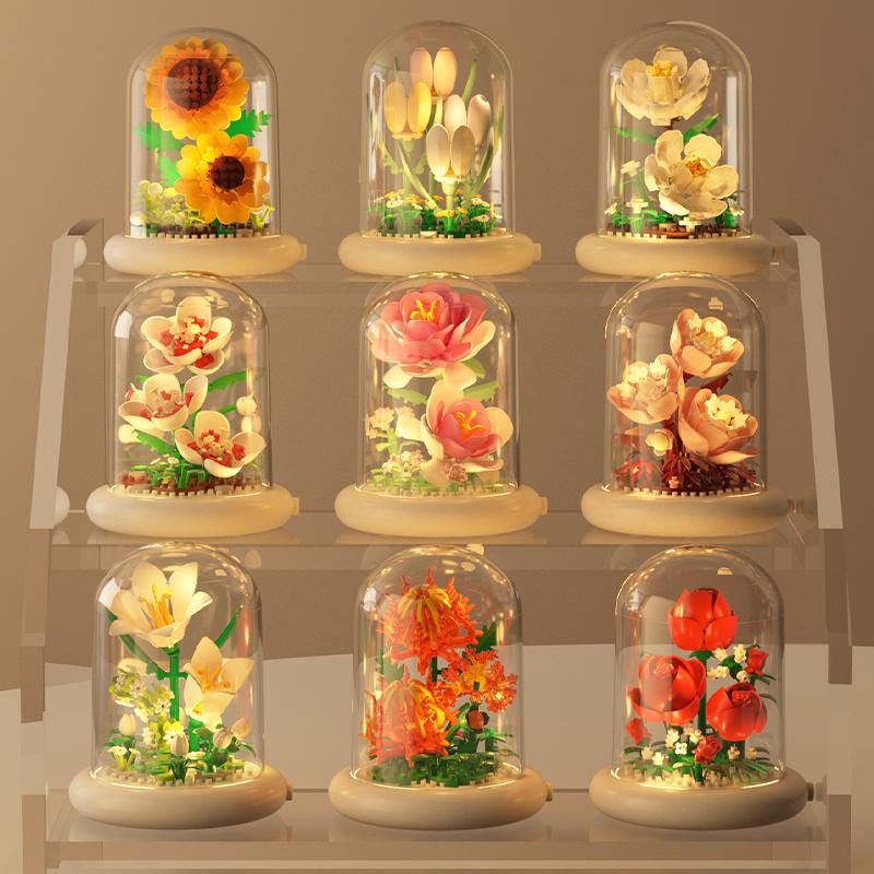 City Creativity Potted Plant Tulip Lily Gardenia Rose Micro Building Blocks Bricks Model Home Decoration Toy For Kids