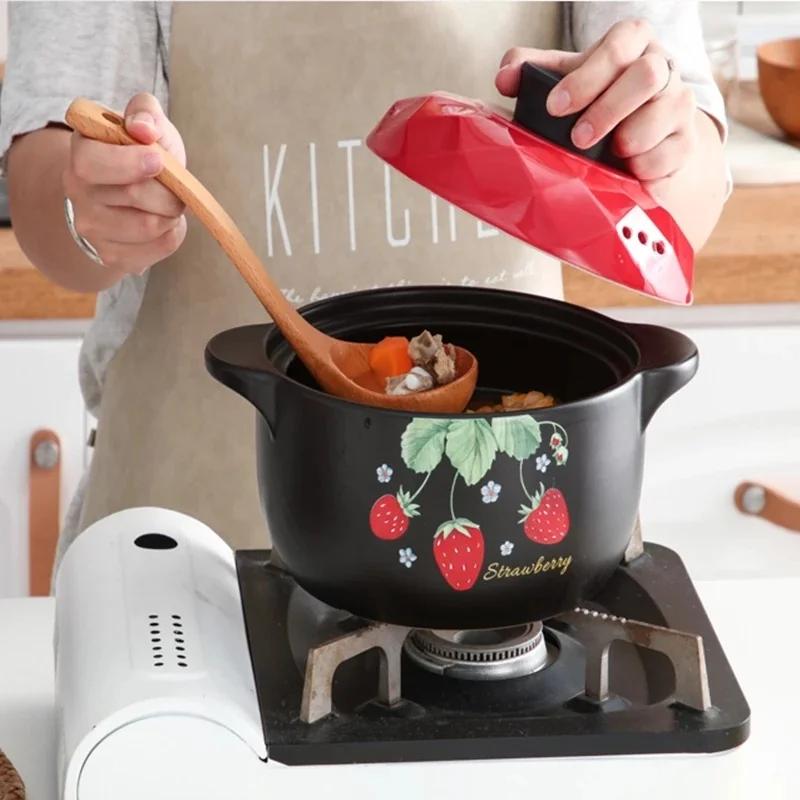 1Pcs Ceramic Casserole Cooking Soup Pot Red Strawberry Round Kitchenware Saucepan Gas Stove Cookware Household Kitchen Supplies