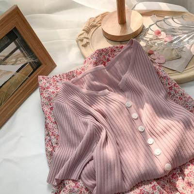 Ice silk short-sleeved t-shirt women's 1116 spring and summer thin loose V-neck button-up top short cardigan jacket knitted sweater