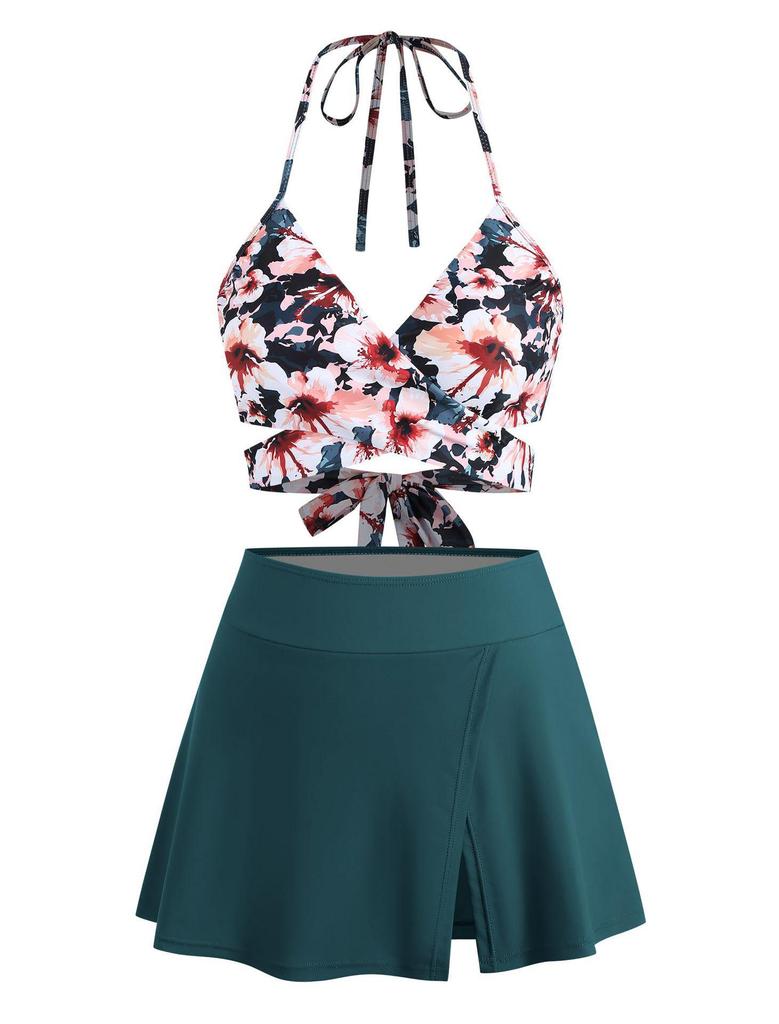 2025 European & American Sexy Backless Split Swimsuit Bikini with Solid Color Skirt Style for Women