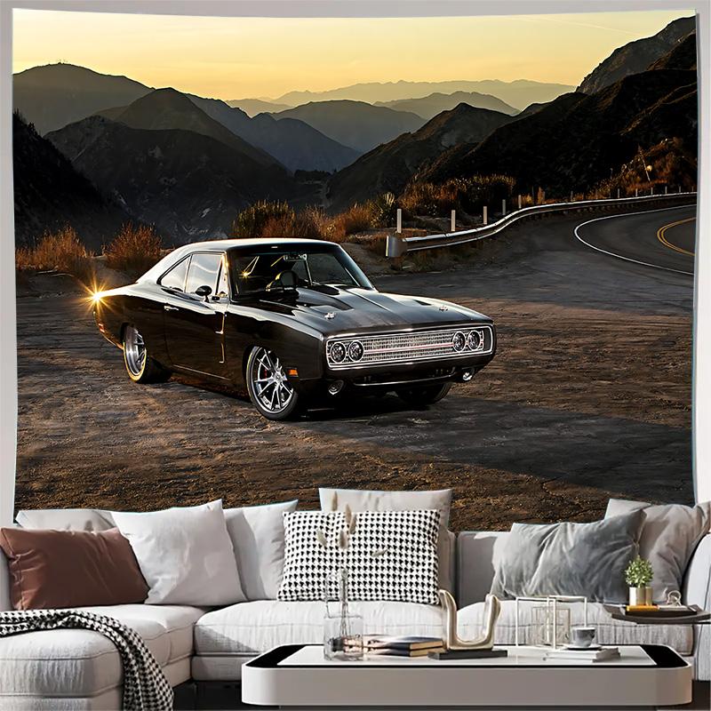 Classic Black Muscle Car Mountain Road Sunset Wall Tapestry Machine Washable All Season Decor Art Print Automotive Design Home
