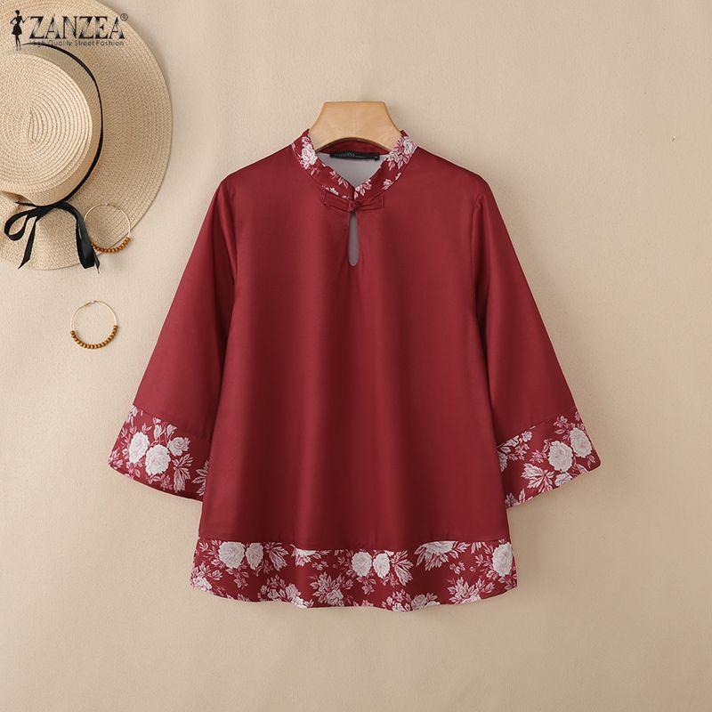 ZANZEA Women Casual Stand Collar Summer Floral Splice 3/4 Sleeve Blouse