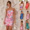 Damen Frühling Ärmellos Blumendruck Schlank Trägerlos Kleid Sommer Casual One-Neck Hohe Taille Kurze Kleider S-XL