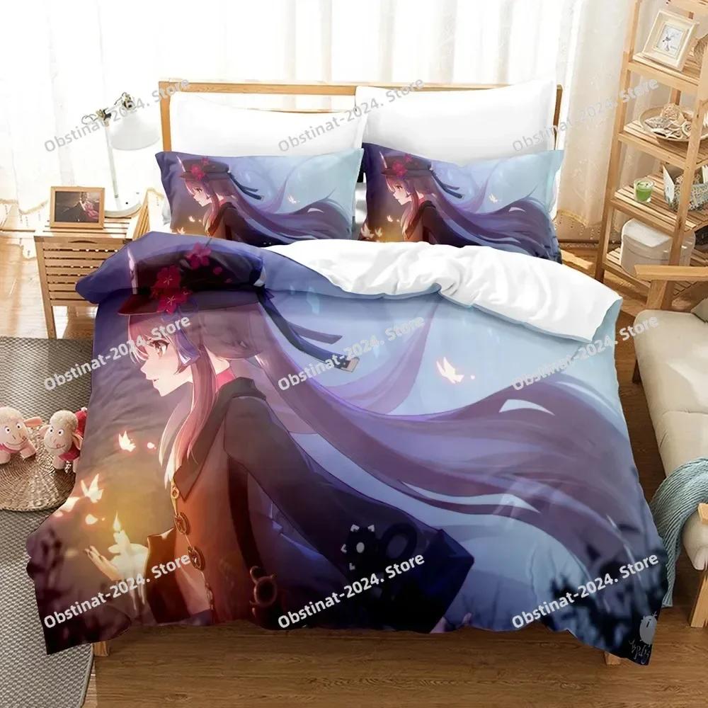 Hu Tao Bedding Set Genshin Impact Duvet Cover 3D Game Home Textile with Pillowcase for Teens Adults Kids Men Women Bedroom Decor