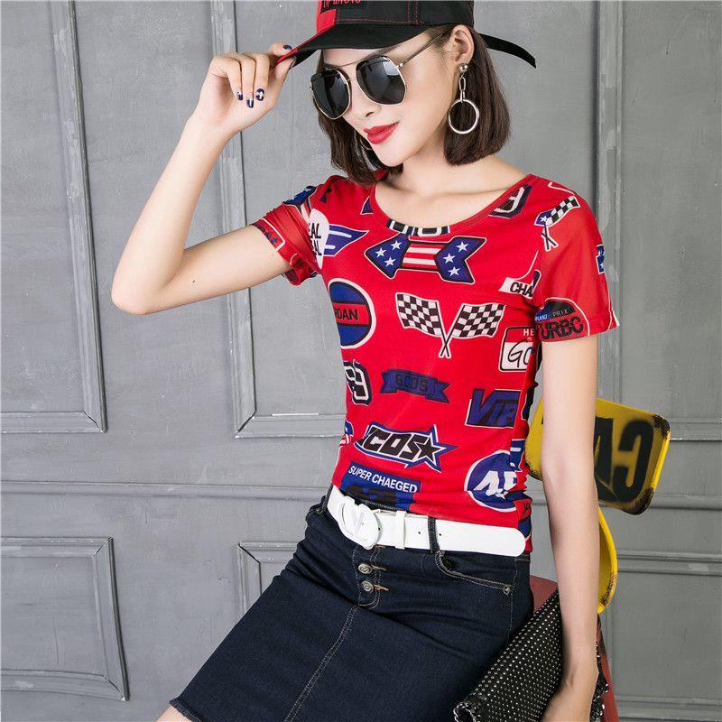 

Print Mesh Slim Fit round Neck Short Sleeve Letter Underwear Blouse Red M