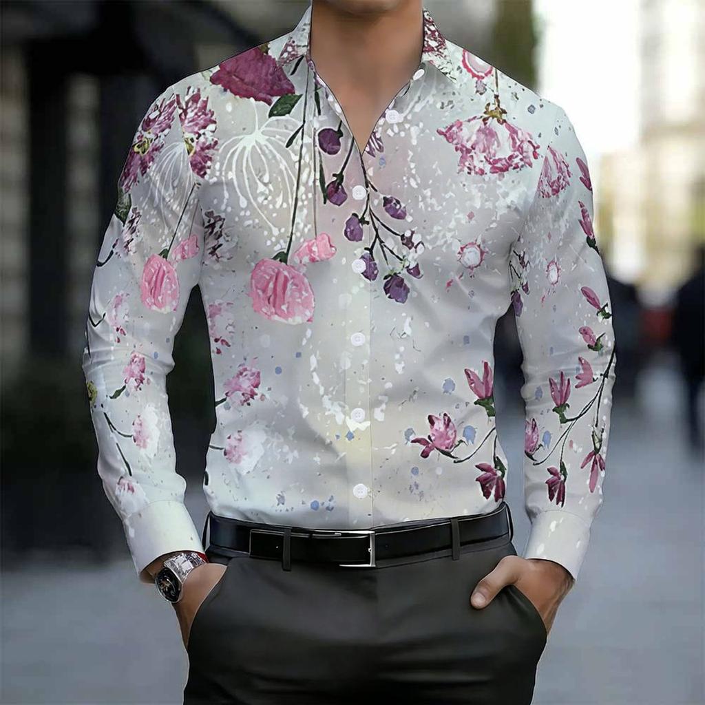 Camisa de Hombre con Cuello Estampado Floral de Rama Gradiente Blanco Rosa Manga Larga Botones
