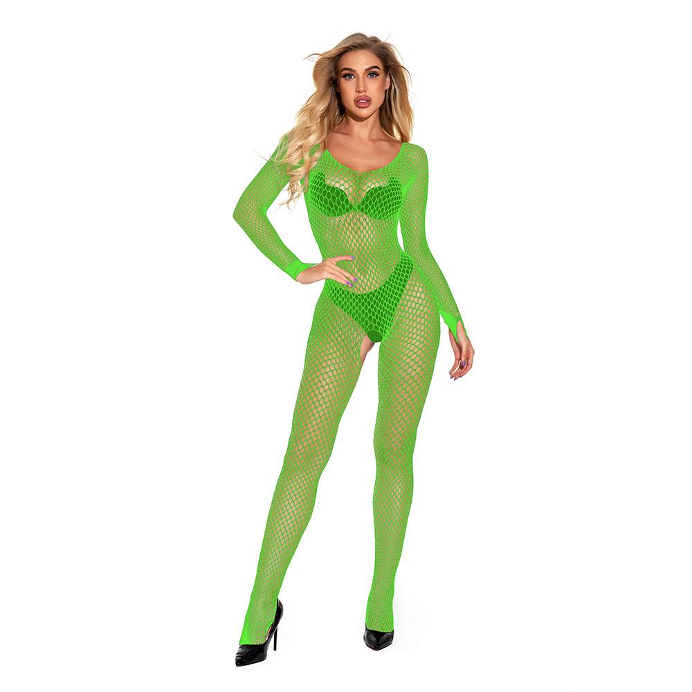 Female sexy transparent mesh erotic jumpsuit with open crotch, tempting lingerie, no need to take off style pajamas