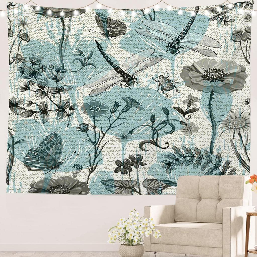 Romantic Flower Victorian Border Dragonfly Wildflower Hippie Trippy Tapestry Wall Art Meditation Decor For Bedroom Living Room