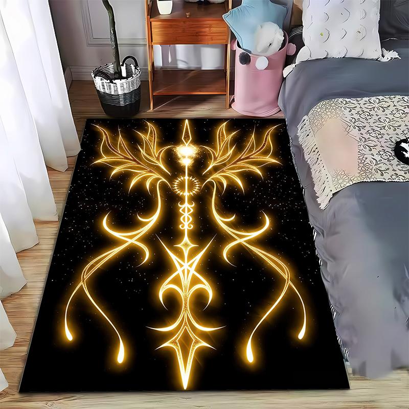 Glowing Golden Abstract Sword Design Area Rug with Starry Background Suitable for use as an anti-slip for living room bedroom sofas