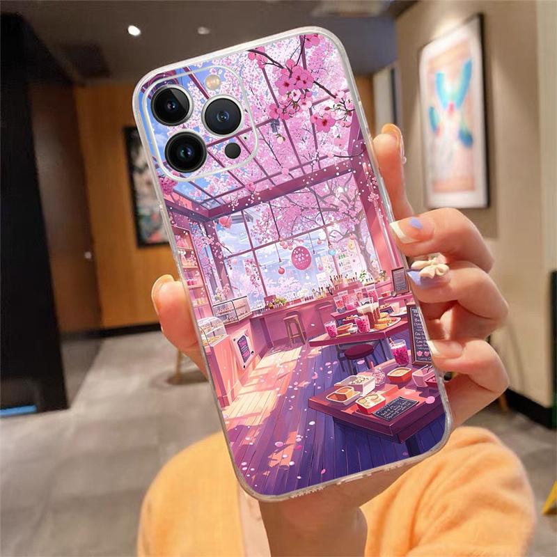 Japanese Landscape Cherry Flower Phone Case For iPhone 17 Pro Max 17 Air 16 15 14 13 Pro Max 15 16 Pro 15Plus
