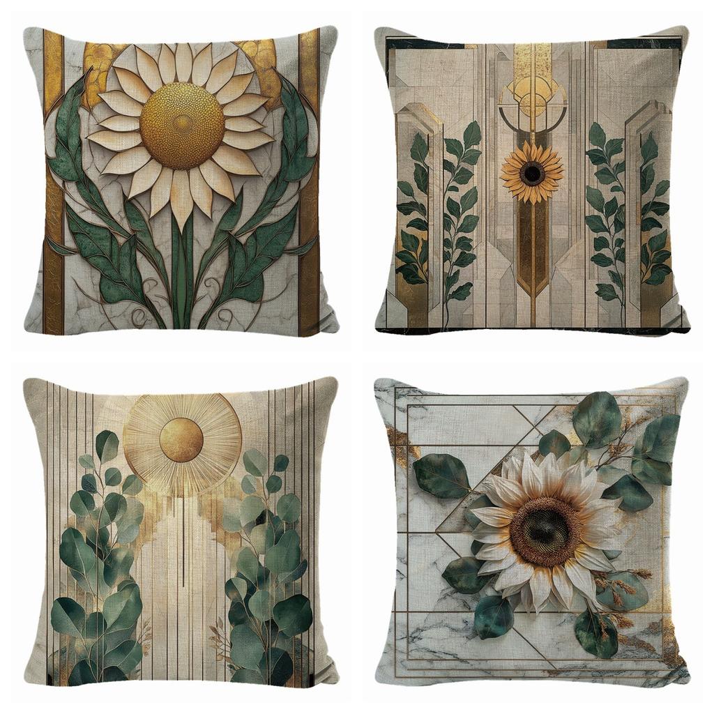 New Four-piece Set of Sunflower Linen Pillowcases and Pillows for Seasonal Festivals with Labels