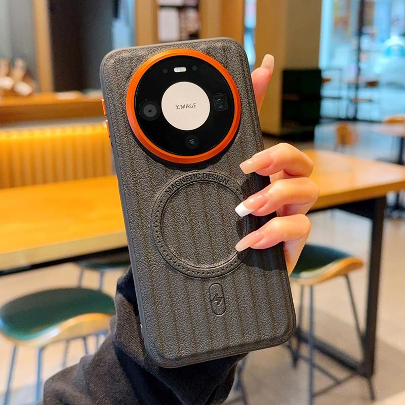 For Huawei Mate 80, 80 Pro, 80 Pro Max phone case with magnetic suction function, textured back, and leather sticker design