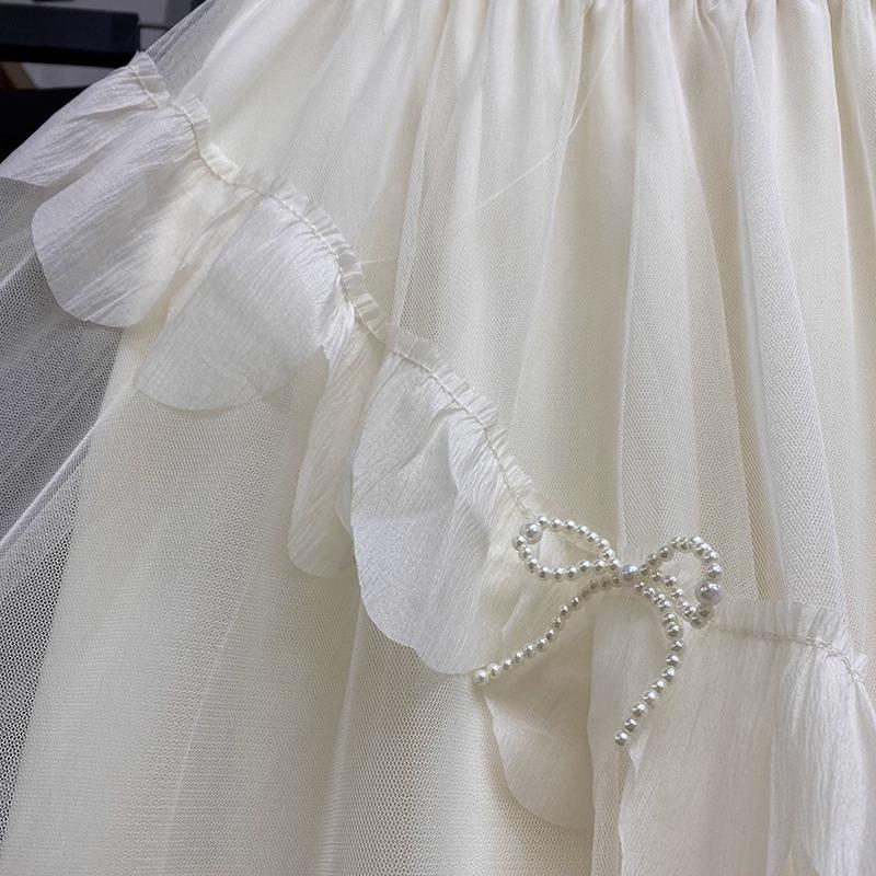 2025 Spring and Summer New Super Fairy Splicing Pleated Pendulum Tutu Skirt High Waist Design Medium and Long Skirt