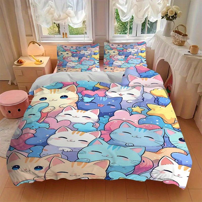 3pcs Cats Pastel Bedding Cover Set, Fashion Classic Popular Print Bedding Set, Soft Comfortable, All Season Use, For Bedroom, Guest Rooma0819139