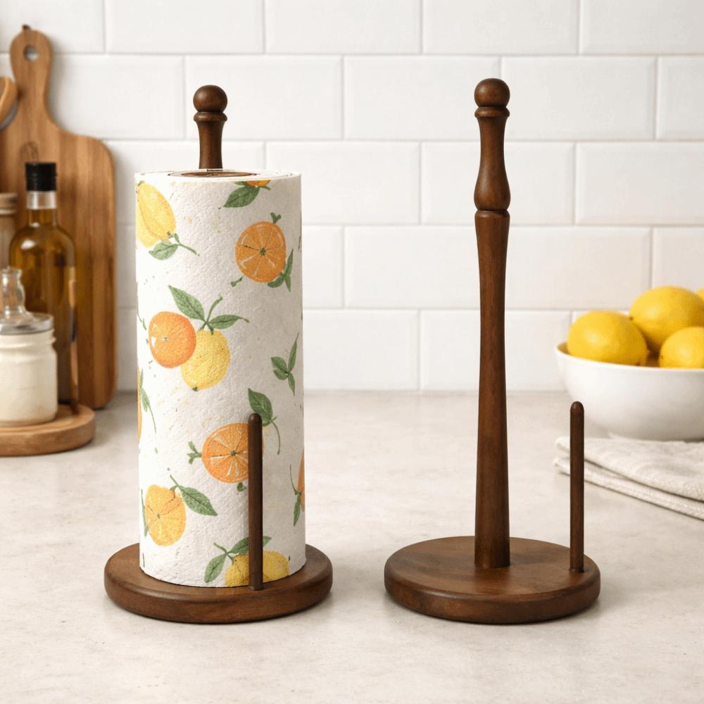Freestanding Wooden Paper Towel Holder Stable Anti-Skid Disposable Paper Holder Space Saving Vertical Tissue Stand for Kitchen