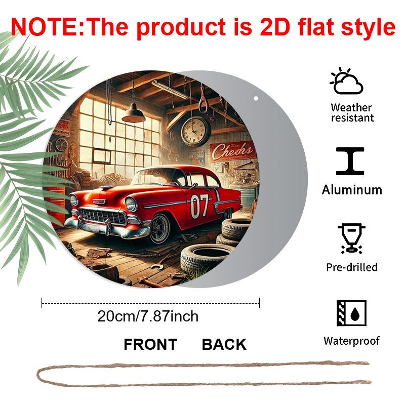 2D Flat Aluminum Vintage Car Garage Round Metal Sign, Classic Red Car with "07" Number Sign for Front Door, Pre-Drilled Holes for Easy Hanging