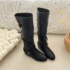 Sleeve Inside Heightened No Knee Boots Fashion Round Toe Soft Leather Soft Sole Belt Buckle Low Heel Knight Boots