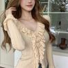 French V-Neck Fungus Edge Slim-Fit Knitted Bottoming Shirt Niche Chic Long-Sleeved Inner Top Spring And Autumn