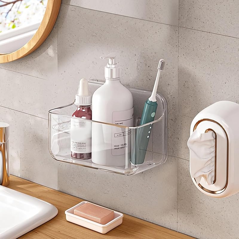 Diesisa Acrylic Wall Mounted Shower Caddy, Clear, Large Size 12.8L x 4  W x 3.3  H, Acrylic Shelf, No Drilling Walls Adhesive Shelf, Bathroom Shelves Clear -Small