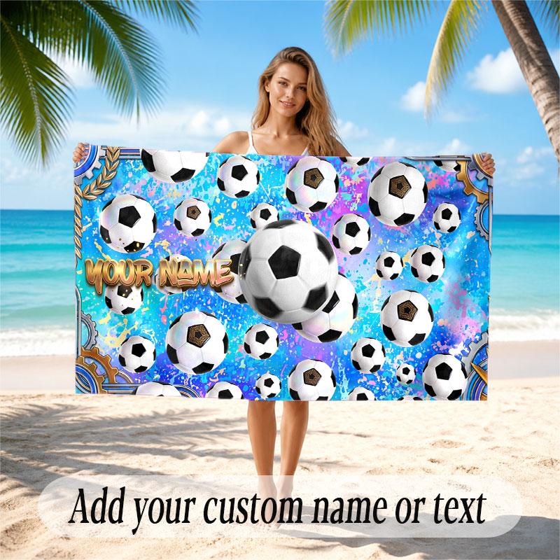 Soccer Theme Beach Towel Personalized Custom Name & Text Soft Quick Dry Beach Towel for Swimming Travel