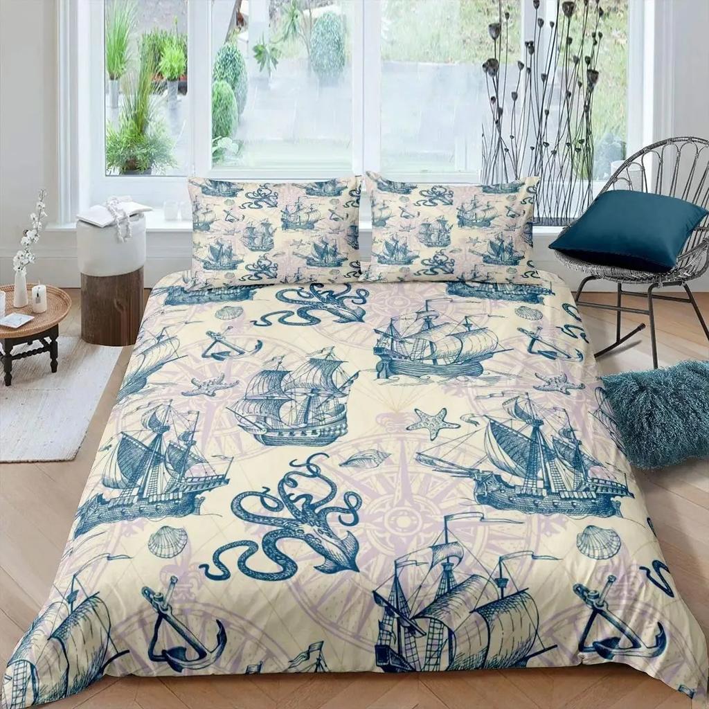 Nautical Duvet Cover Set Boat Pirate Bedding Set King Size Retro Sailboat Brown Comforter Cover Anchor Compass Vintage Quilt Set