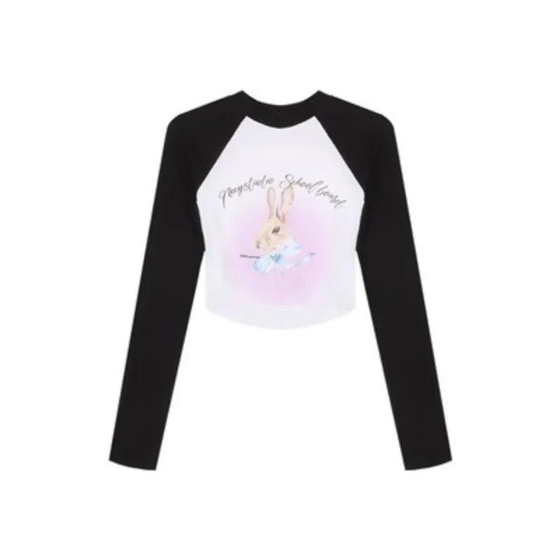 

2KWEIRD Kawaii Pink Rabbit Print Crop T Shirts Women Harajuku Sweet Cute Graphic Tops Streetwear Vintage Sexy Long Sleeve Tees XXL