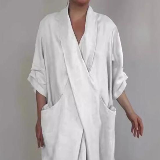 Spring Fall Maxi Dress Robe Baggy Cross V Neck Solid Color Large Pocket Retro A-line Bohemian