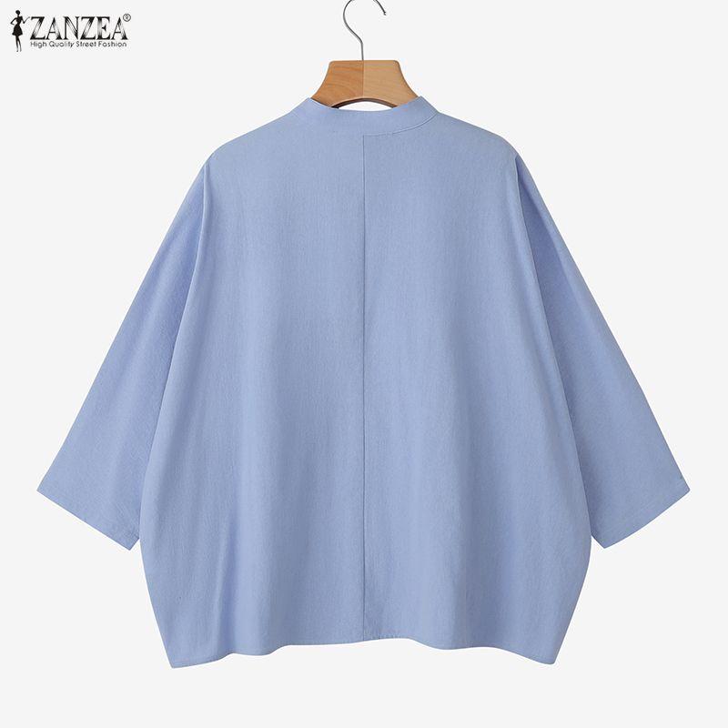 ZANZEA Women Casual Round Neck Solid Color Loose Long Sleeve Cotton Blouse