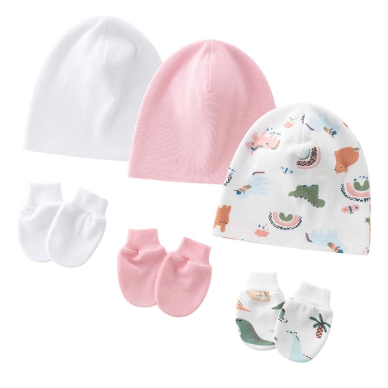 3 Set Baby Bonnet Caps Newborns Fetal Hat Fashionable Brimless Hat Trendy Headgear with Soft Anti-grab Mittens Gloves