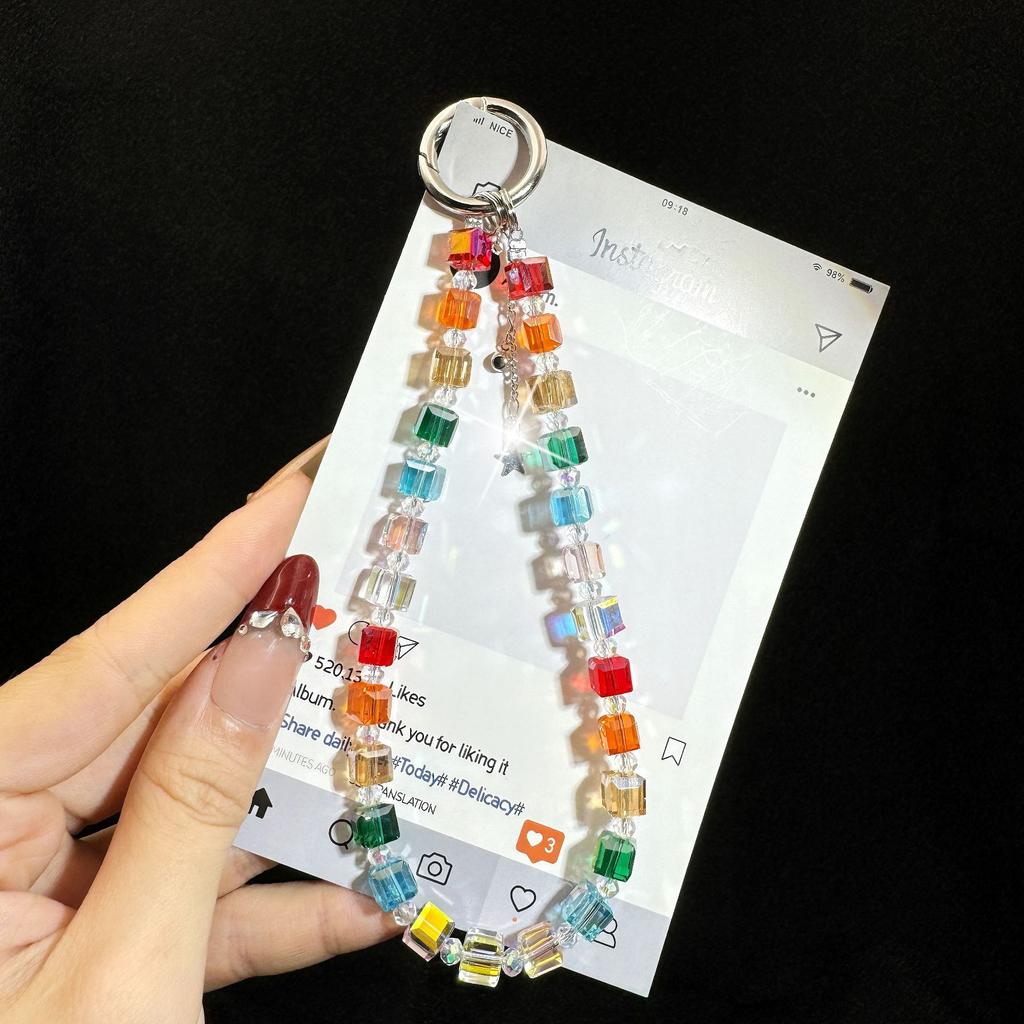 High-end fashion square crystal mobile phone chain hanging decoration hand-beaded hand chain mobile phone case pendant mobile ph