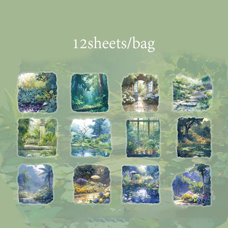 12pcs/bag PET Sticker Pack Romantic Rainy Season Window Night View Pattern Atmosphere Stickers DIY Envelope Gift Memo Decoration