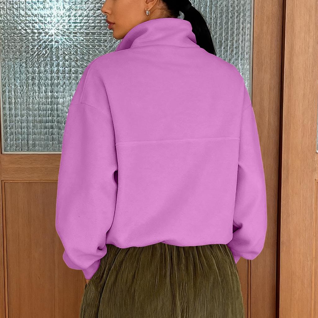 Women's Casual Loose Fashion Solid Color Long-sleeved Zipper Pullover Lapel Sweatshirt