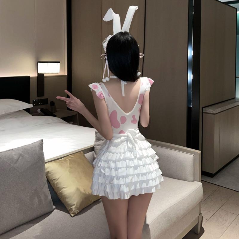 Ladies' Sexy Lingerie Sexy Pink Cow Suit Hollowed Out Maid Bunny Girl Uniform Role-playing Seductive Pure Desire Nightgown