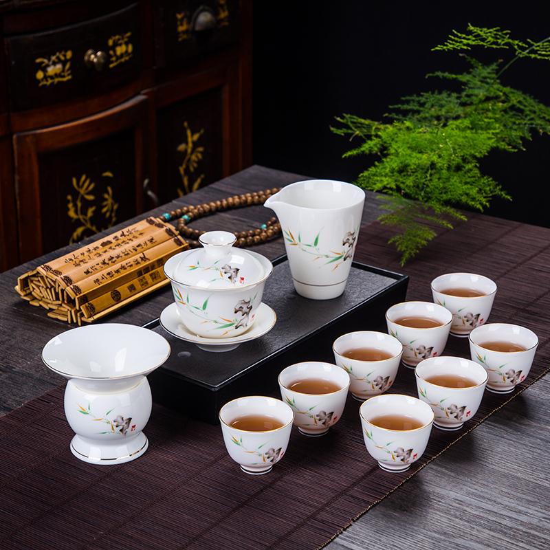 11 Pcs/set Chinese Ceramics Tea Set Handmade Suet Jade White Porcelain Teapot Bamboo Leaf Gaiwan Kettle Teacup Household Teaware