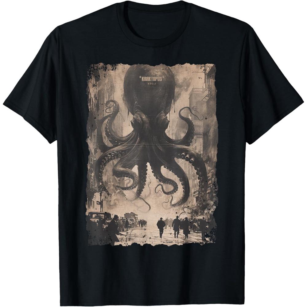 Vintage Octopus Kraken Monster Horror Poster Kraken T-Shirt M чёрный