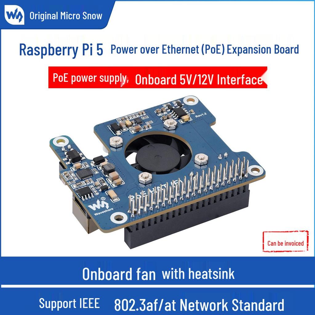 Raspberry Pi 5 PoE Ethernet Expansion Board with Type F Cooling Fan, 802.3af/at Standard