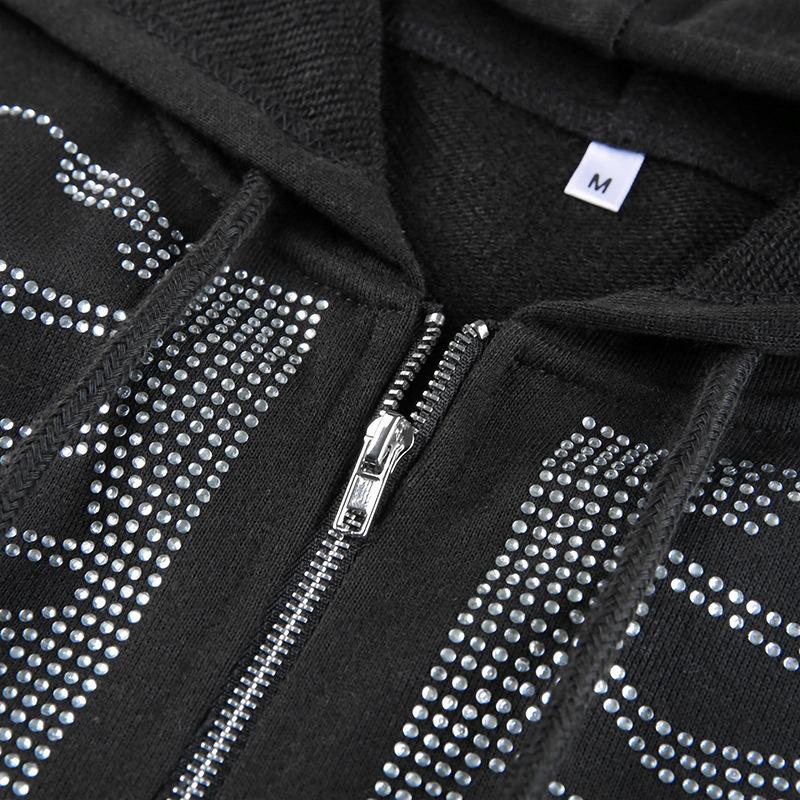Street Hip Hop Spinnenknochen Aufkleber Diamant Schwarz Reißverschluss Hoodie Damen 2022 y2k Harajuku Jacke Pullover Damen