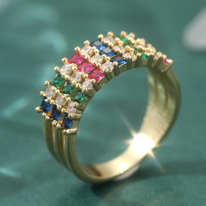 Classic Colorful Synthetic Cubic Zirconia Round Rings For Women Golden Plated Fingers Band Accessories Jewelry Gifts