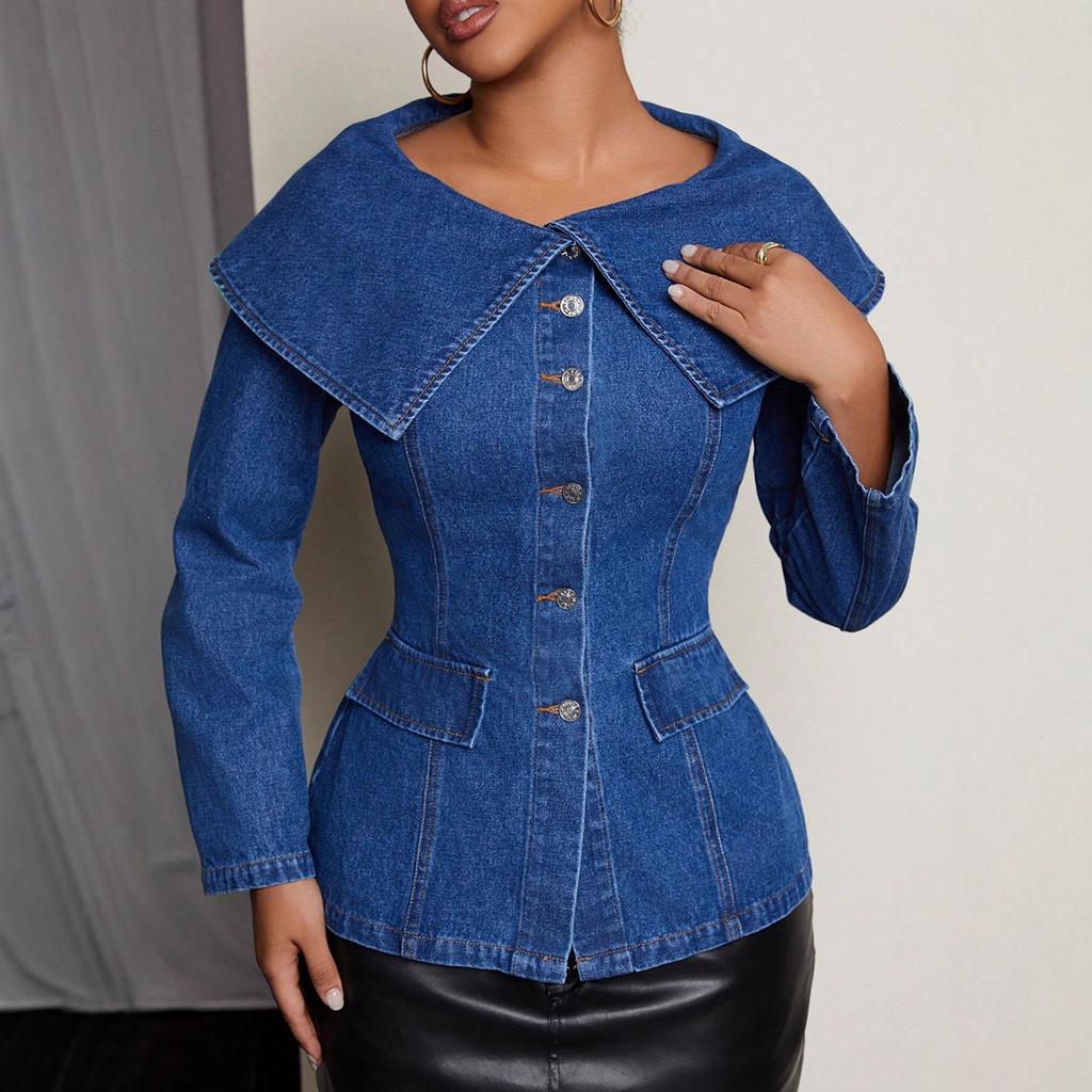 European and American street style large lapel denim long-sleeved versatile fashionable sexy personalized women's jacket trend