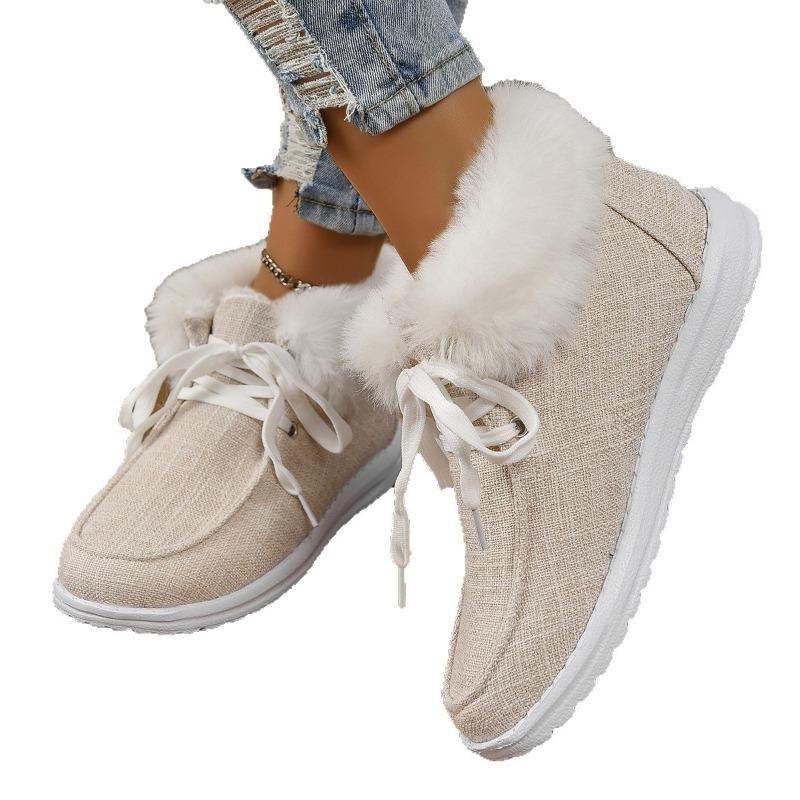 Dámské zimní bavlněné boty plus size - Kulatá špička, šněrovací, s fleecovou podšívkou, protiskluzové, široký střih pro domácí a každodenní použití