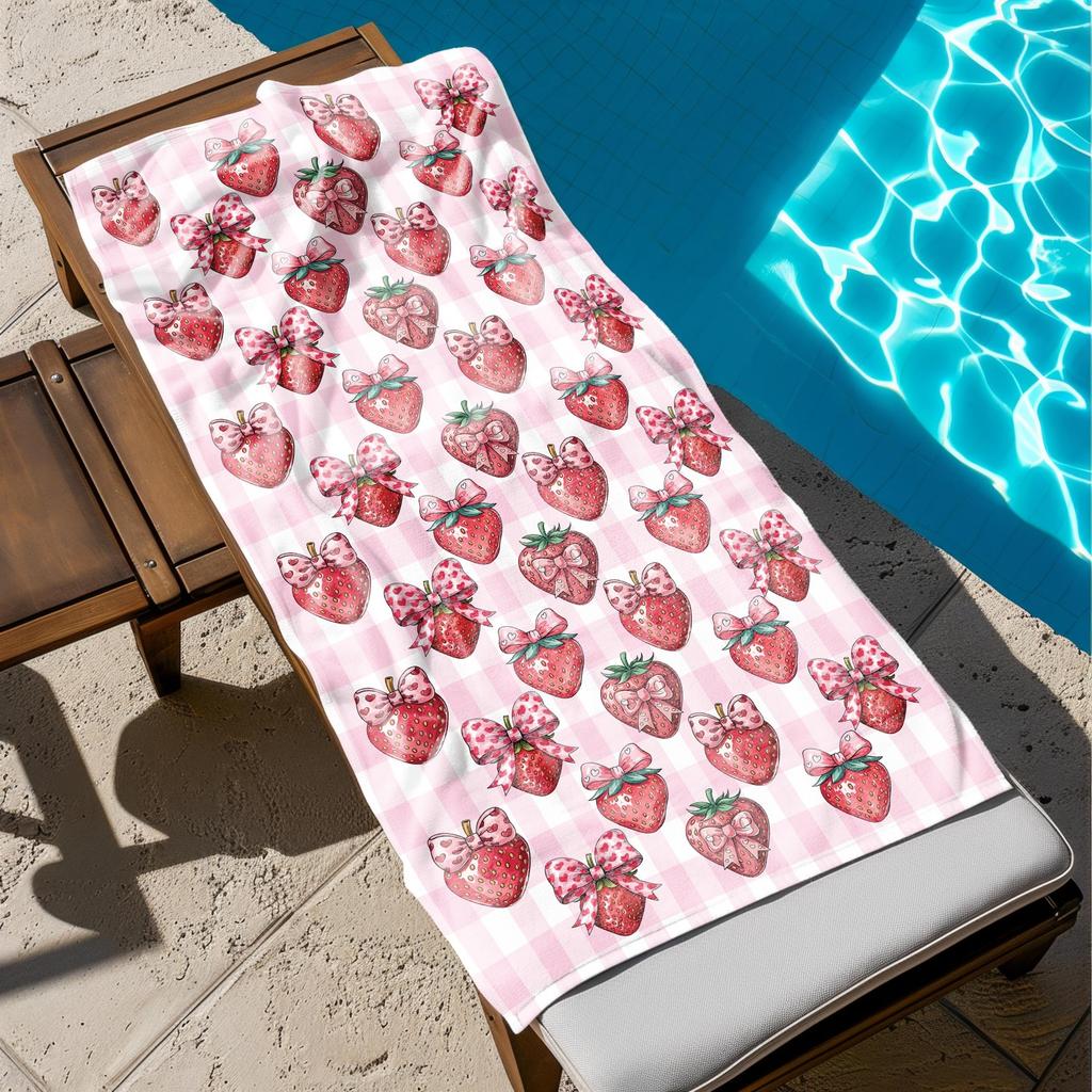 Strawberry Beach Towel, Cute Gingham Picnic Style Summer Towel, Soft Sand Free Towel for Pool Beach,Light Towel