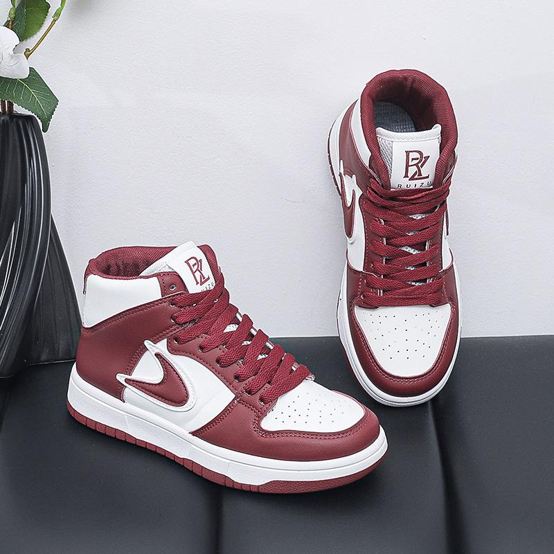 8 burgundy high-top board shoes for women's autumn and winter new thick-soled casual microfiber leather versatile sports shoes
