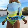 Costume da bagno intero da donna a manica lunga con zip frontale, stampa color-blocking, protezione solare, costume da surf/bagno