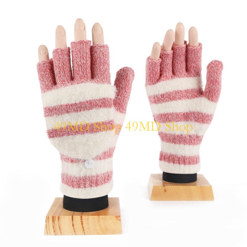 49MD Knitted Fingerless Gloves Winter Striped Gloves Cartoon Mitten with Top
