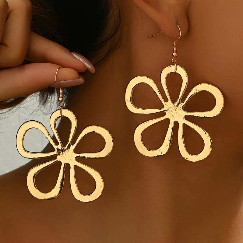 Элегантные серьги-гвоздики с простым полым цветочным подвесом в богемном этническом стиле золотисто-желтый