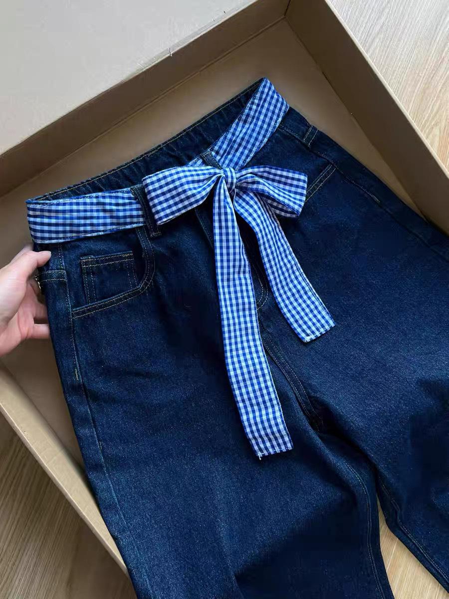 Deep Blue Plaid High-Waisted Wide-Leg Bow Jeans for Women - Spring 2025 Trend L