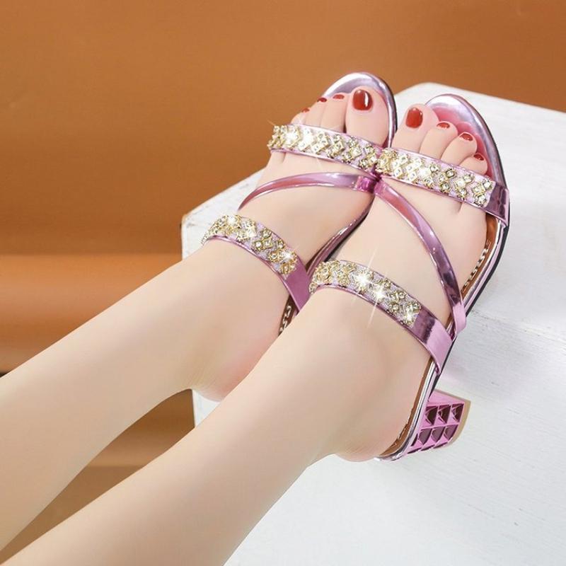 Fashion Square Heel Women's Slides with Rhinestone, Korean Summer Ladies Sandals Mid Heel Women Shoes Large Size Slippers Women