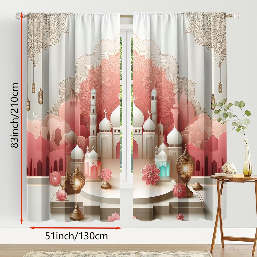 2PCS Pink Mix Mosque Decorative Curtains, Soft and Gentle Style, Living Room and Bedroom, Drawbar Pocket Decoration