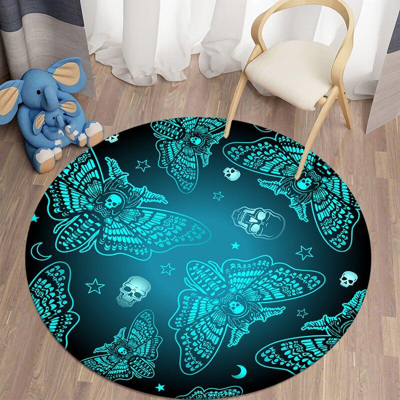 Alfombras de polilla de la muerte para sala de estar, alfombra redonda con calavera gótica, alfombra para suelo, alfombra con mariposa, luna y estrella, alfombra de poliéster